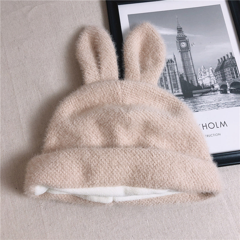 Plush Knit Beret With Rabbit Ears for Smaller Heads