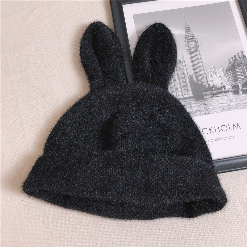 Plush Knit Beret With Rabbit Ears for Smaller Heads