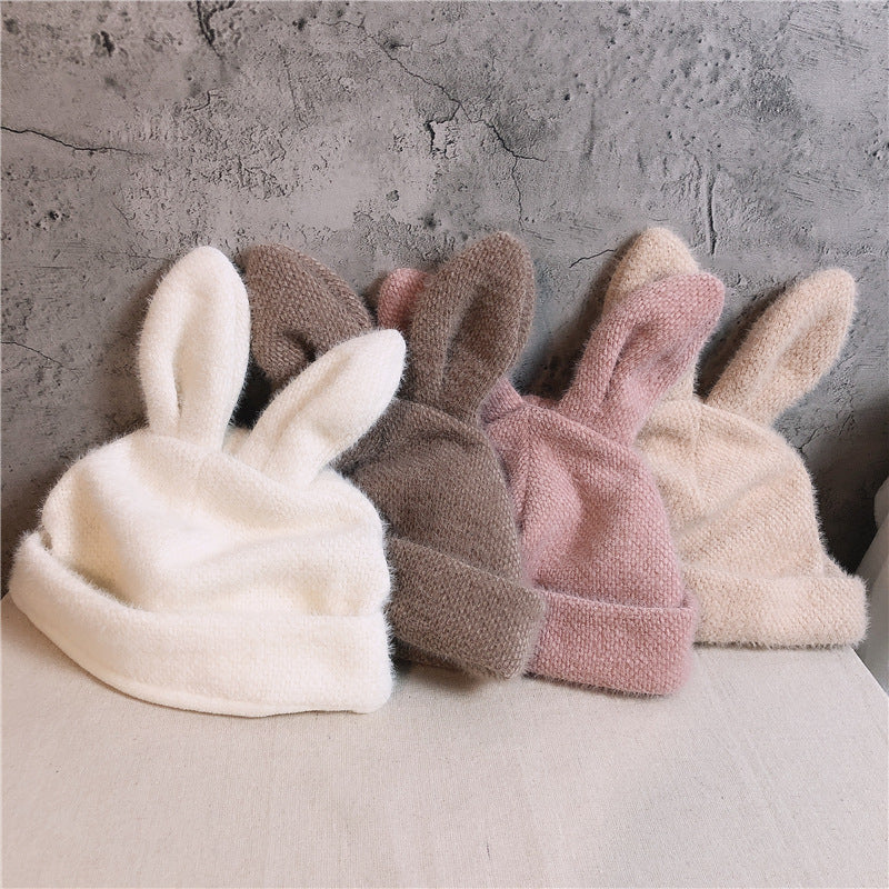 Plush Knit Beret With Rabbit Ears for Smaller Heads