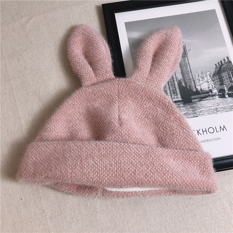 Plush Knit Beret With Rabbit Ears for Smaller Heads