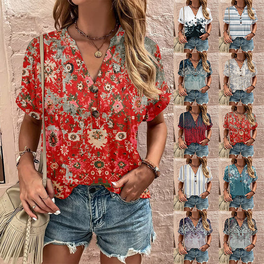 Printed Twisted Button Fashionable Short Sleeved Women