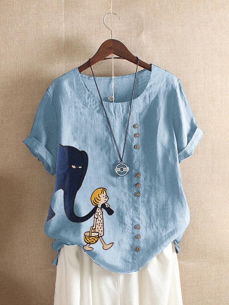 Casual Short-Sleeve Cartoon Print