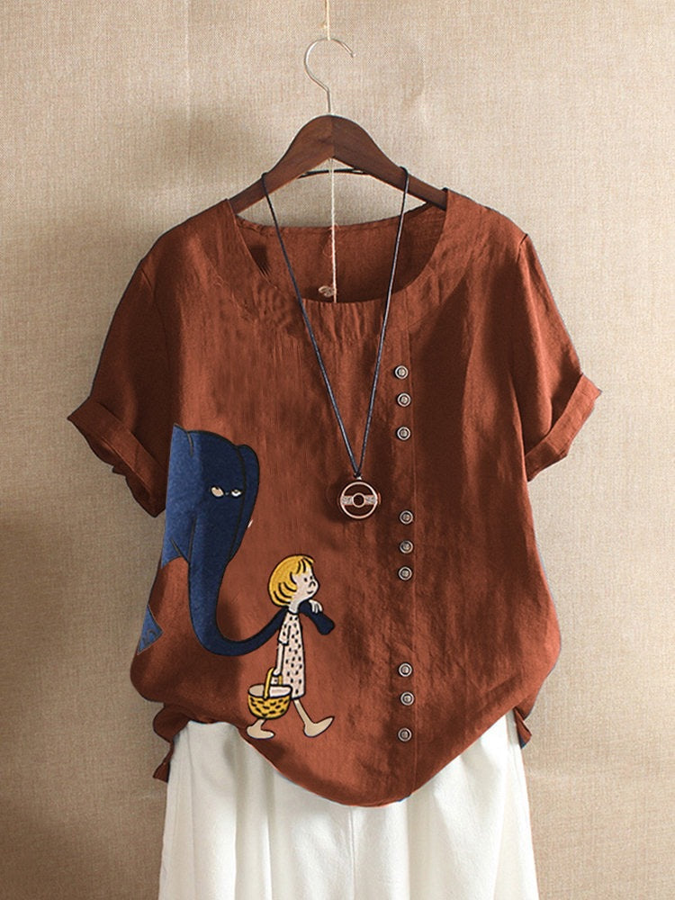 Casual Short-Sleeve Cartoon Print