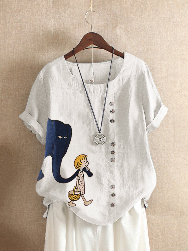 Casual Short-Sleeve Cartoon Print