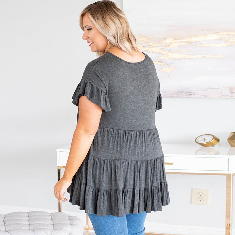 Pure Color Ruffles Pleated Pullover Top