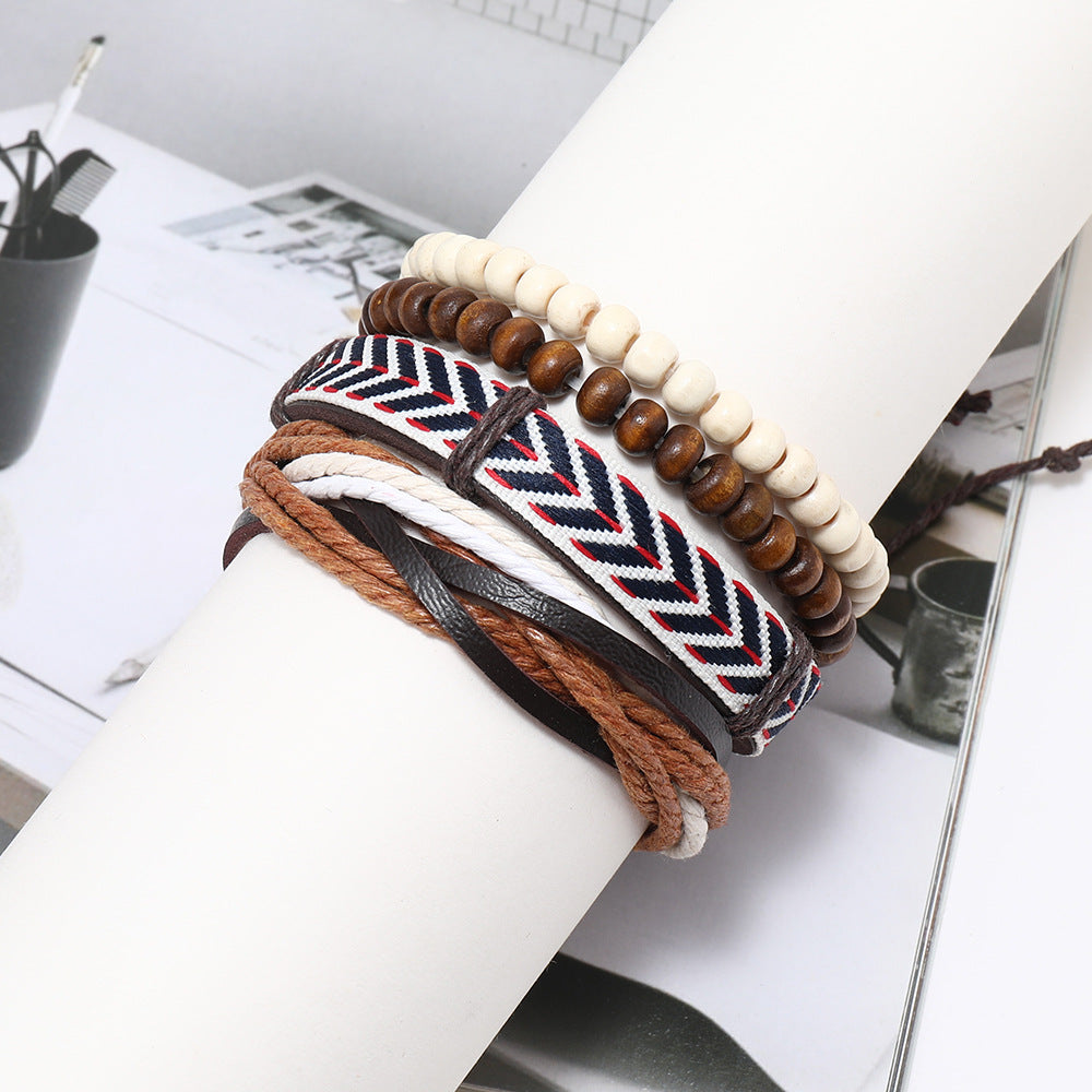 Retro Men's Wooden Leather Rope Beads Bracelet