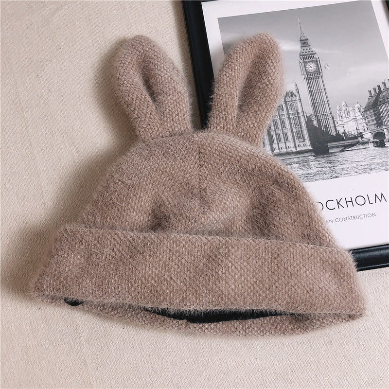 Plush Knit Beret With Rabbit Ears for Smaller Heads
