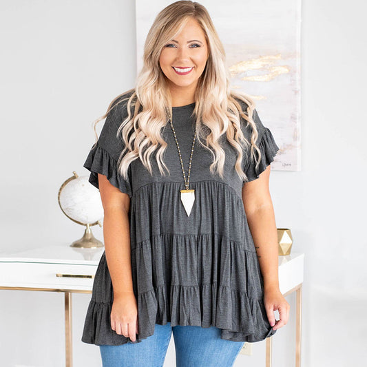Pure Color Ruffles Pleated Pullover Top