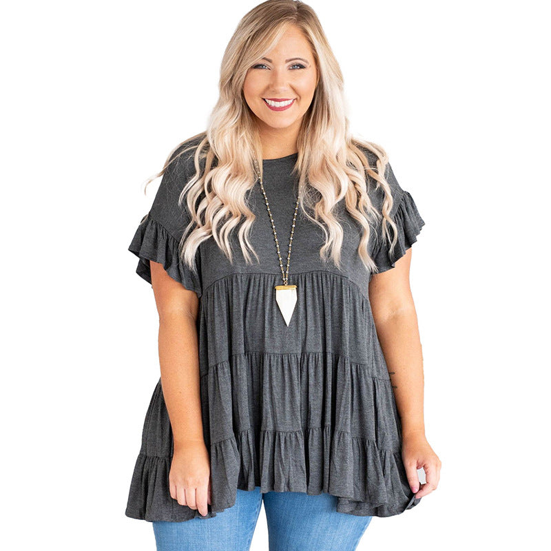 Pure Color Ruffles Pleated Pullover Top