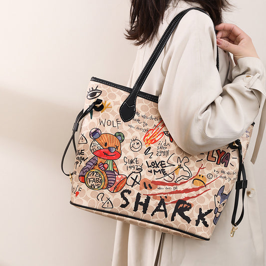 Printed Bear Graffiti Handbag Versatile And Large Capacity