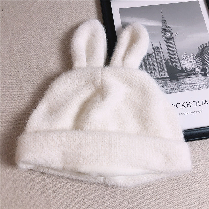 Plush Knit Beret With Rabbit Ears for Smaller Heads
