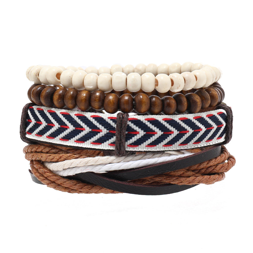 Retro Men's Wooden Leather Rope Beads Bracelet