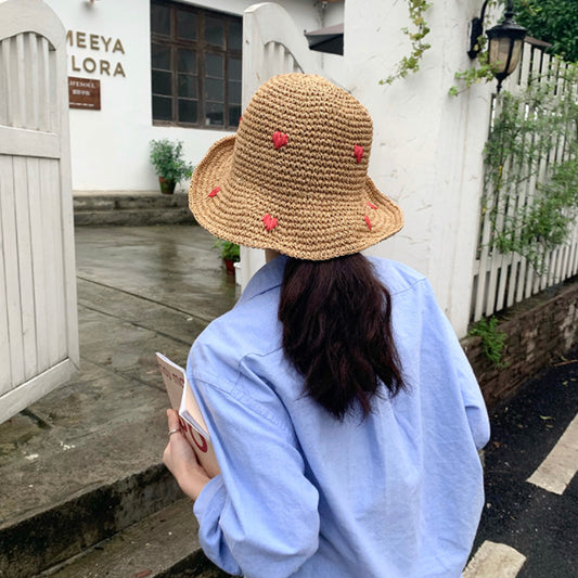 Red Little Heart Braided Sunshade Straw Hat